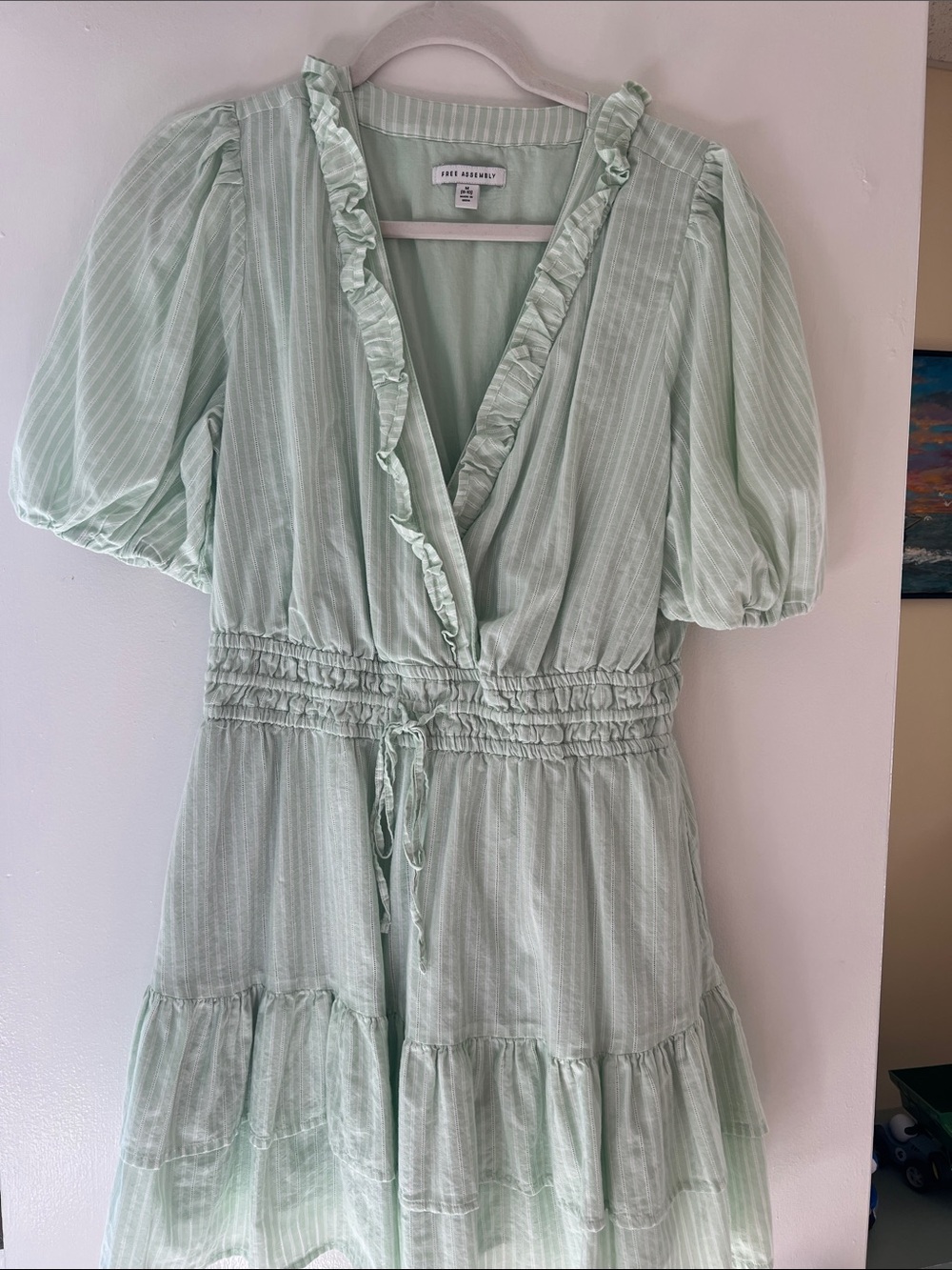 100% Cotton Rails Mint Green Striped Ruffle Wrap Mini Dress